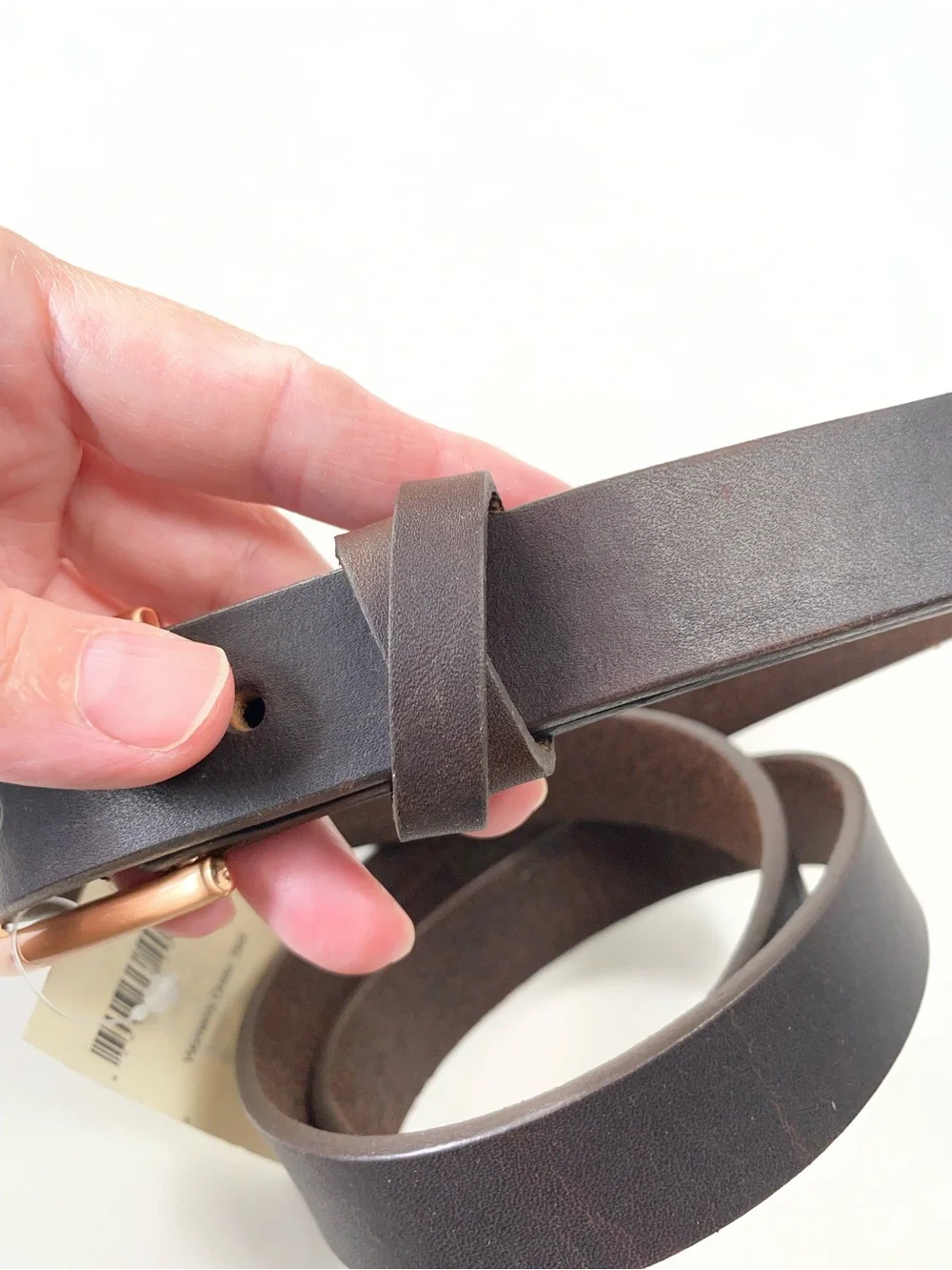 Duluth Trading Co Dark Brown Leather Belt with Rose Gold Buckle L NWT